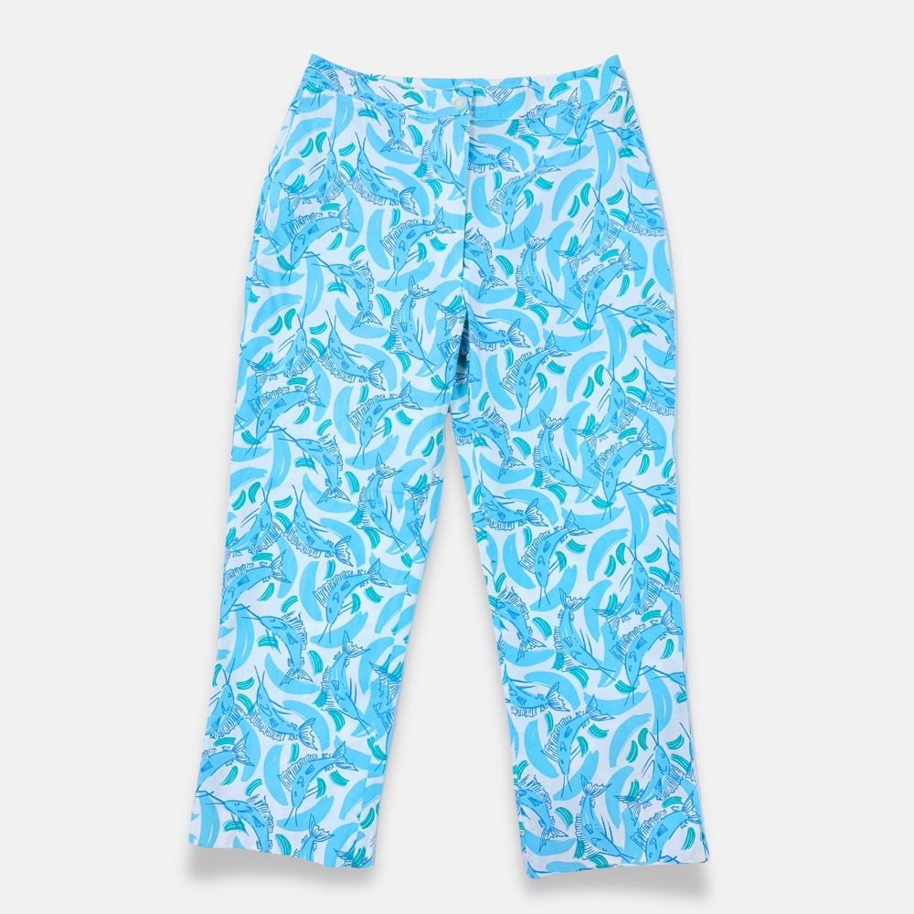 Vintage Lilly Pulitzer White Label Sailfish Print Crop Pants Aqua Size 4 EUC